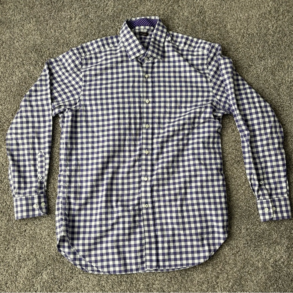 J McLaughlin Men's Long Sleeve Purple‎ White Check Button Shirt Size Medium XL